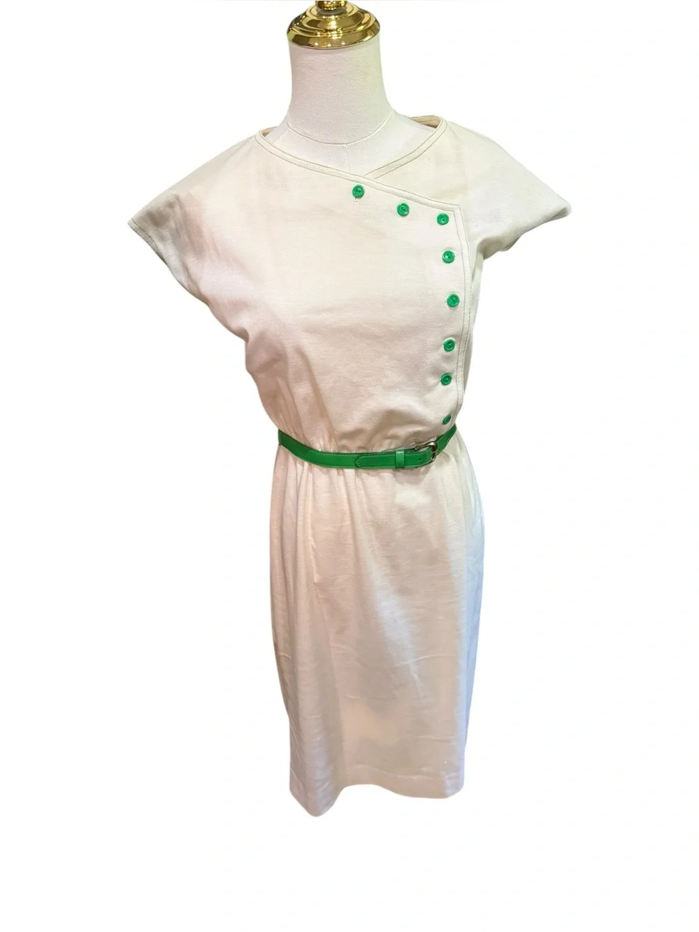 1980s Vintage Kay Windsor Cream Green Button Belted Midi Dress Small